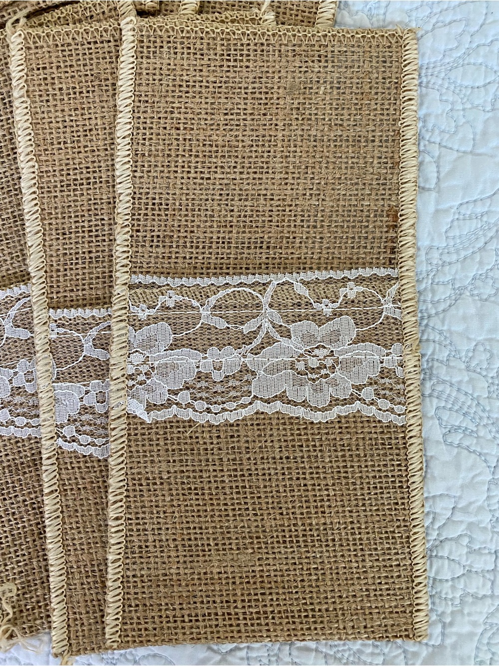 Burlap Table napkin, and or silverware holder with White Lace Trim